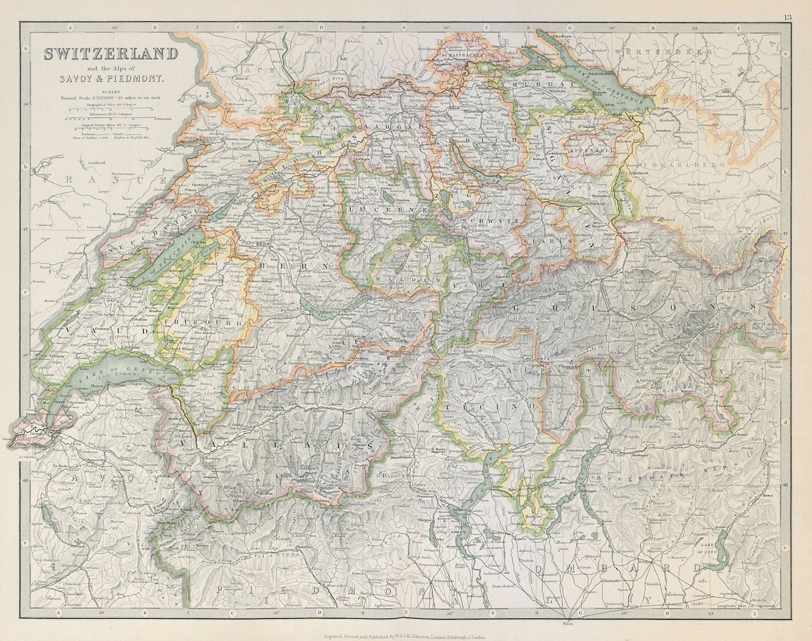 SWITZERLAND, SAVOIE & PIEDMONT ALPS. Key battlefields & dates. JOHNSTON 1915 map